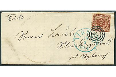 4 sk. 1858 udg. på brev annulleret med nr.stempel 77 og sidestemplet antiqua Viborg d. 28.3.1863 til Nyborg