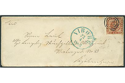 4 sk. 1858 udg. på brev annulleret med nr.stempel 77 og sidestemplet antiqua Viborg d. 22.4.1863 til Kjøbenhavn.