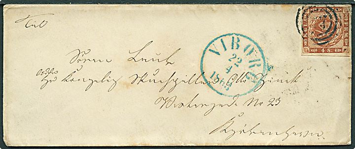 4 sk. 1858 udg. på brev annulleret med nr.stempel 77 og sidestemplet antiqua Viborg d. 22.4.1863 til Kjøbenhavn.