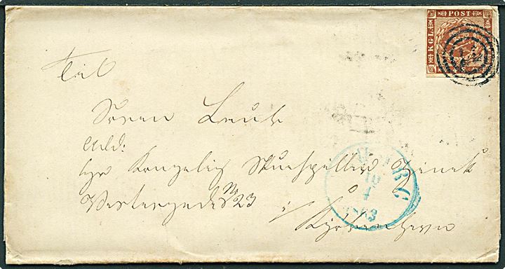 4 sk. 1858 udg. på brev annulleret med nr.stempel 77 og sidestemplet antiqua Viborg d. 10.4.1863 til Kjøbenhavn.