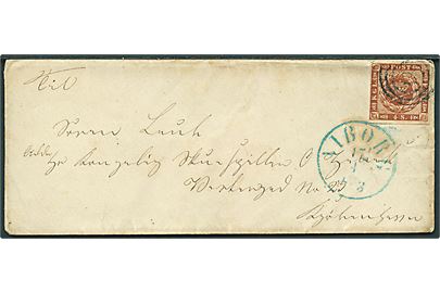 4 sk. 1858 udg. på brev annulleret med nr.stempel 77 og sidestemplet antiqua Viborg d. 17.4.1863 til Kjøbenhavn.