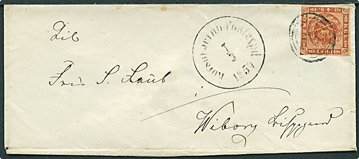 4 sk. 1858 udg. på brev annulleret med svagt nr.stempel 179(?) og sidestemplet Korsör Jernb.-Postexped. d. 7.3.1859 til Viborg.