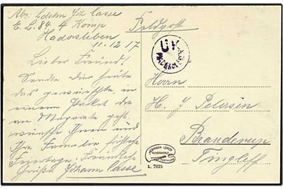 Feltpost postkort fra Haderslev d. 11.12.1917 til Tinglev. Haderslev UK censur.