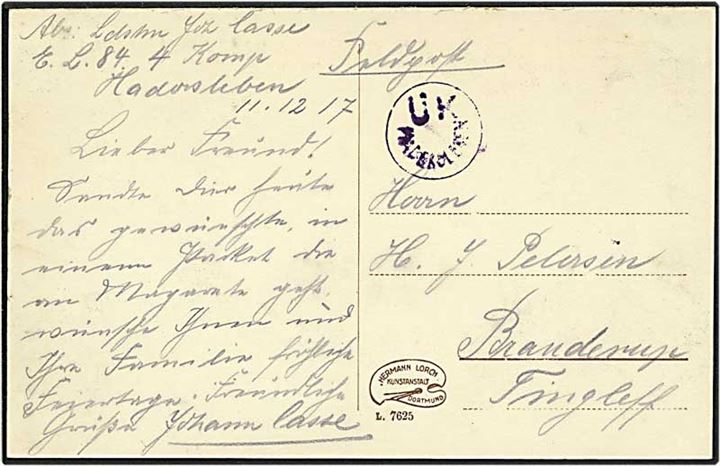 Feltpost postkort fra Haderslev d. 11.12.1917 til Tinglev. Haderslev UK censur.