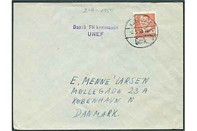30 øre Fr. IX på brev stemplet København d. 2.9.1959 og sidestemplet Dansk FN-kommando UNEF til København. 
