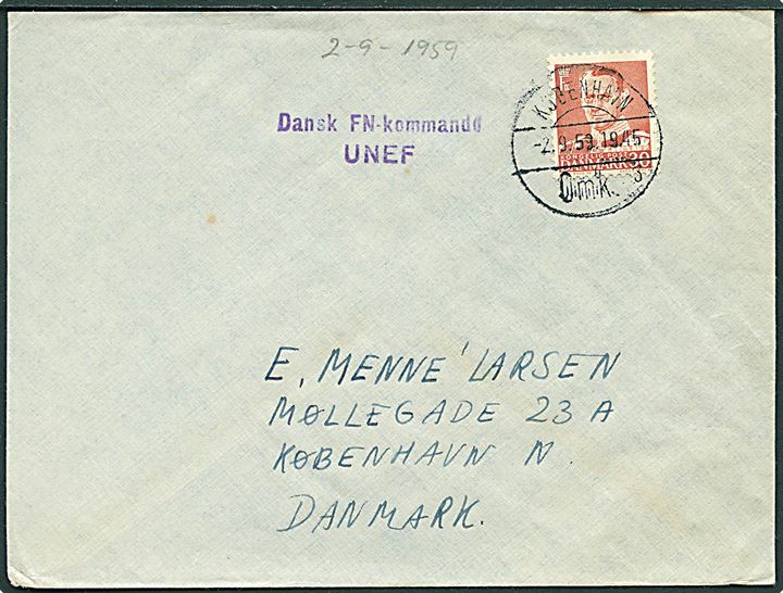30 øre Fr. IX på brev stemplet København d. 2.9.1959 og sidestemplet Dansk FN-kommando UNEF til København. 
