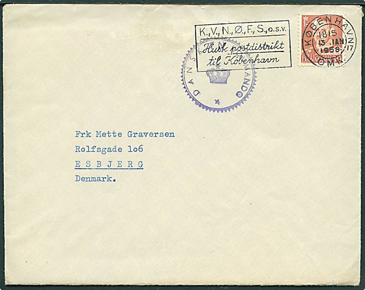 30 øre Fr. IX på brev stemplet København d. 13.1.1958 og sidestemplet Dansk FN-Kommando til Esbjerg. Indhold dateret Beit Hanun fra officer i Danor Bn. UNEF.