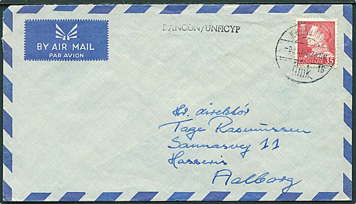 35 øre Fr. IX på luftpostbrev stemplet København d. 9.11.1964 og sidestemplet DANCON/UNFICYP til Ålborg. 