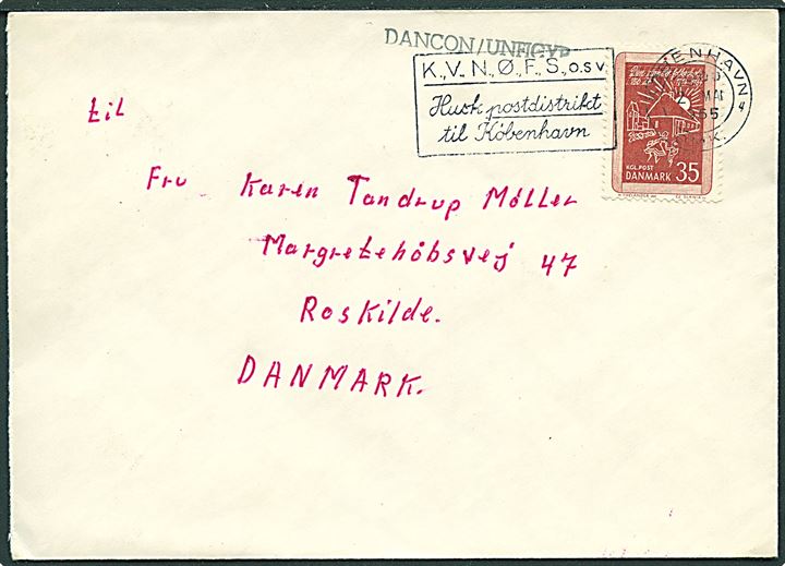 35 øre Folkeskolen på brev fra København d. 2.3.1965 og sidestemplet DANCON/UNFICYP til Roskilde.