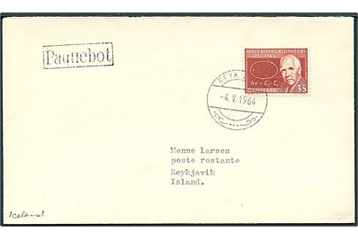 35 øre Niels Bohr på skibsbrev annulleret med islandsk stempel i Reykjavik d. 4.5.1964 og sidestemplet Paquebot til Reykjavik.