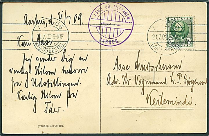 5 øre Fr. VIII på brevkort annulleret med maskin-særstempel Aarhus Landsudstill. d. 21.7.1909 til Kerteminde.