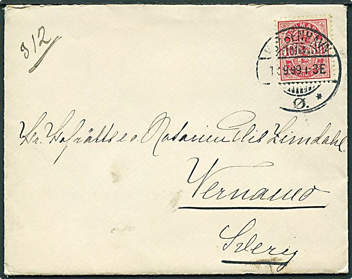 10 øre Våben single på brev fra Kjøbenhavn d. 12.9.1899 til Värnamo, Sverige.