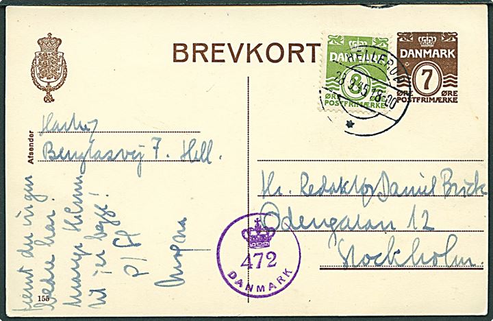 7 øre helsagsbrevkort (fabr. 155) opfrankeret med 8 øre Bølgelinie fra Hellerup d. 28.9.1945 til Stockholm, Sverige. Dansk efterkrigscensur (krone)/472/Danmark.