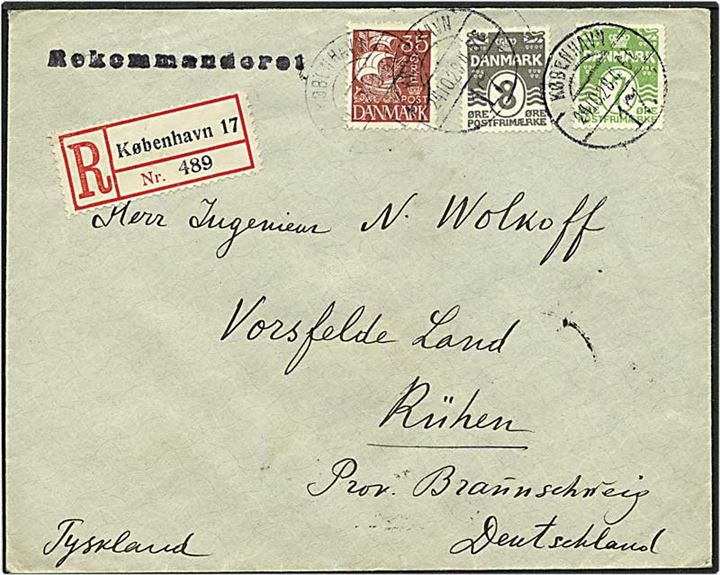 7 øre lysegrøn og 8 øre grå bølgelinie samt 35 øre brunrød karavel på Rec. brev fra København d. 24.10.1928 til Rühen, Tyskland.