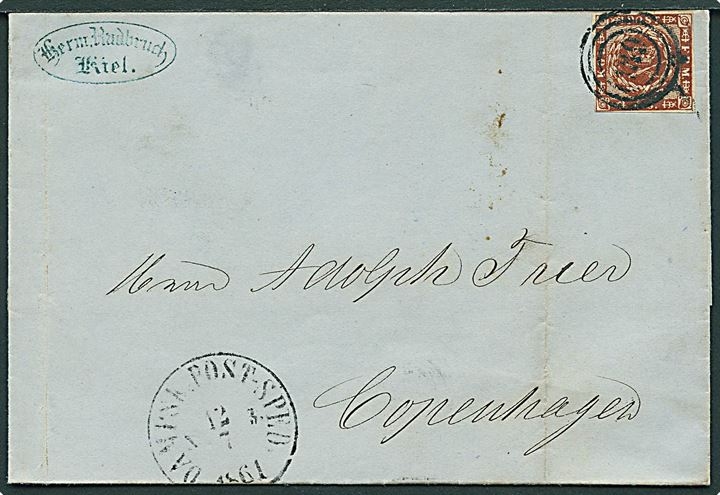4 sk. 1858 udg. på dampskibsbrev fra Kiel annulleret med nr.stempel 189 og sidestemplet antiqua Dampsk:Post-Sped: No. 3 d. 12.7.1861 til Kjøbenhavn.