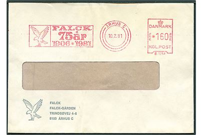 160 øre firmafranko Falck 75 år 1906-1981 på rudekuvert fra Århus C d. 10.2.1981.