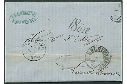 1864. Ufrankeret brev fra Kjøbenhavn d. 29.2.1864 (skuddag) via Helsingborg til Landskrona, Sverige. Svensk portostempel: 18 öre.