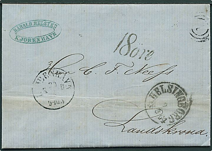 1864. Ufrankeret brev fra Kjøbenhavn d. 29.2.1864 (skuddag) via Helsingborg til Landskrona, Sverige. Svensk portostempel: 18 öre.