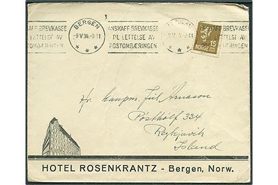15 øre Løve på illustreret firmakuvert fra Hotel Rosenkrantz i Bergen d. 9.5.1934 til Reykjavik, Island.