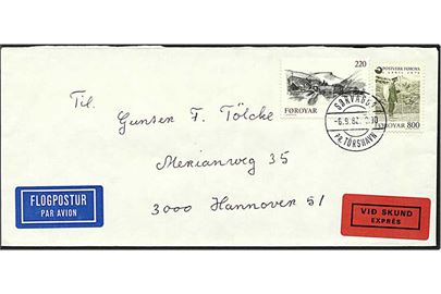 10,20 kr. porto på expes luftpost brev fra Sørvágur d. 6.9.1982 til Hannover, Tyskland.