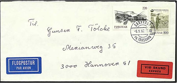 10,20 kr. porto på expes luftpost brev fra Sørvágur d. 6.9.1982 til Hannover, Tyskland.