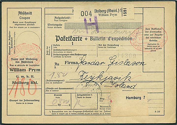 180 pfg. betalt kontant på internationalt adressekort for pakke med rødt ovalt stempel Stolberg (Rheinl.) Gebühr bezahlt d. 13.10.1929 via Hamburg til Reykjavik, Island. Ank.stemplet Reykjavik d. 26.10.1929.