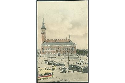 Sporvogne paa Raadhuspladsen i København. Stenders no. 596.