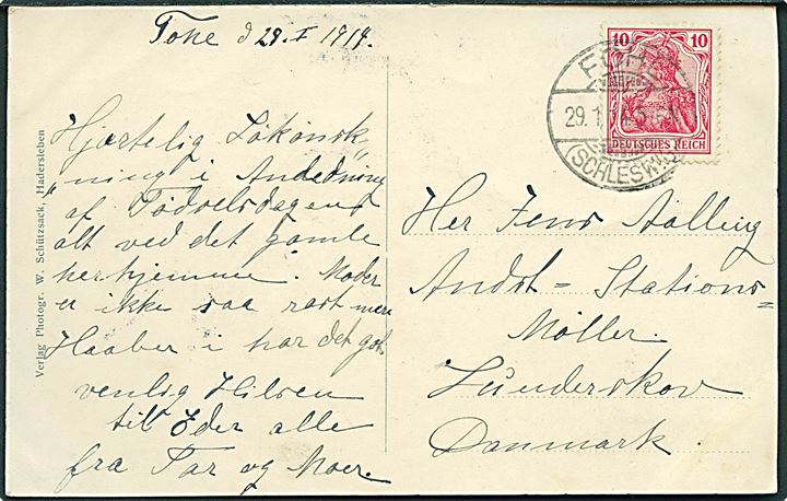 10 pfg. Germania på brevkort stemplet Fohl (Schleswig) d. 29.1.1914 til Andst Stationsmølle, Lunderskov, Danmark.
