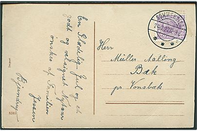 15 øre Chr. X på brevkort annulleret med brotype IIb Sommersted sn2 d. 24.12.1922 til Bæk pr. Vonsbæk.