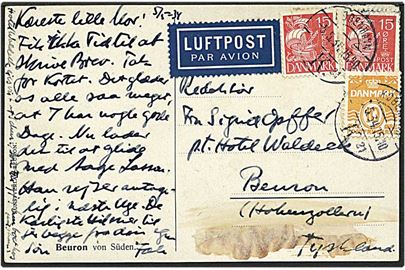 10 øre orange bølgelinie og 15 øre rød karavel på luftpost postkort fra København d. 5.5.1934 til Tyskland.