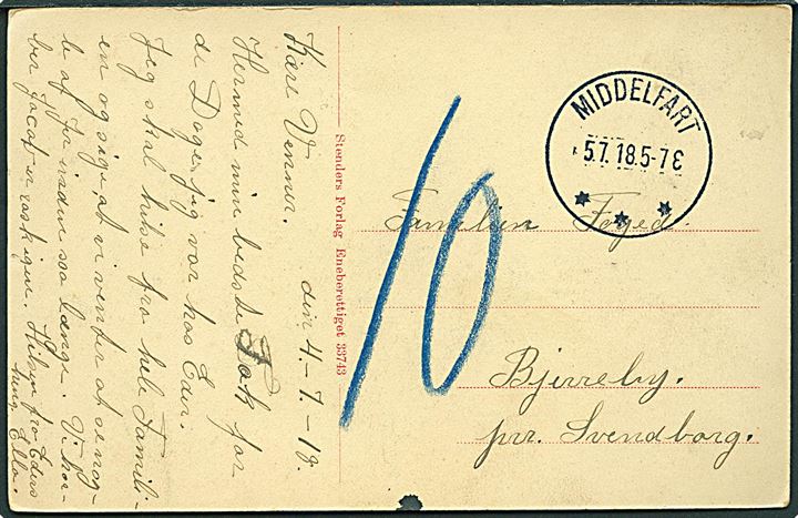 Ufrankeret brevkort med brotype IIIb Middelfart d. 5.7.1918 til Bjerreby pr. Svendborg. Udtakseret i 10 øre porto.