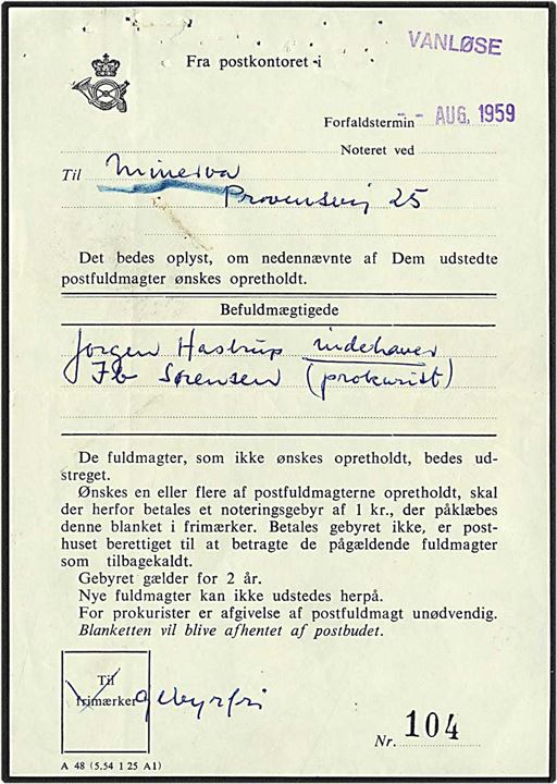 Postal formular vedrørende postfuldmagter fra Vanløse aug. 1959. Vanløse liniestempel.