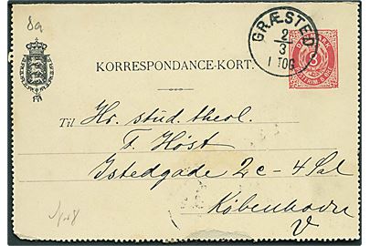 8 øre helsagskorrespondancekort annulleret med lapidar Græsted d. 2.3.1897 til København.