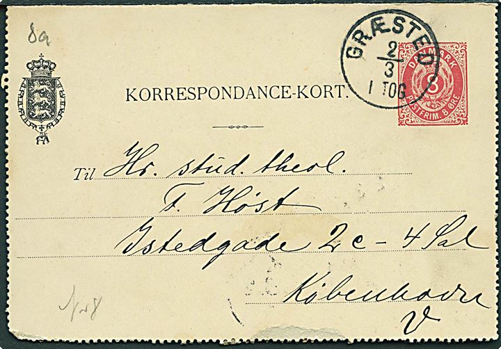 8 øre helsagskorrespondancekort annulleret med lapidar Græsted d. 2.3.1897 til København.