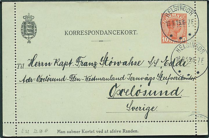 10 øre Chr. X helsagskorrespondancekort med fuld rand fra Helsingør d. 15.9.1916 til Kapt. Franz Stöwahse ombord på S/S Eddi i Oxelösund, Sverige.