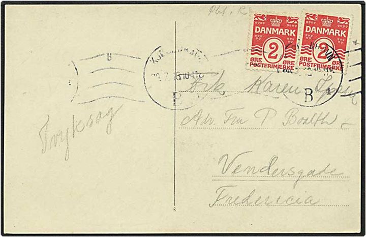 2 øre rød bølgelinie, plet i R i venstre øre, på postkort fra København d. 29.7.1916 til Fredericia.
