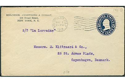 5 cents Washington helsagskuvert fra New York d. 7.5.1913 til København, Danmark. Påskrevet skibsnavn: S/S La Lorraine.