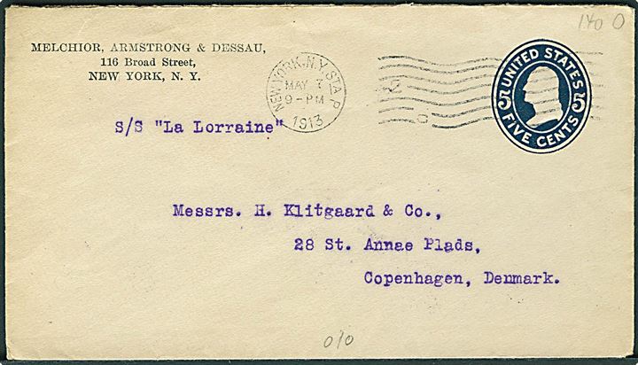 5 cents Washington helsagskuvert fra New York d. 7.5.1913 til København, Danmark. Påskrevet skibsnavn: S/S La Lorraine.