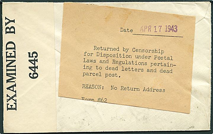 15 cents Luftpost (2) på luftpostbrev fra Portland d. 31.1.1942 til Eidsberg, Norge. Åbnet af amerikansk censur no. 6445 og tilbagesendt med meddelelse Form 862 vedr. sendt til Dead Letter Office pga. manglende afsender. 