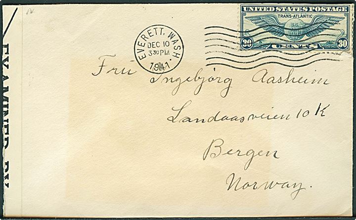 30 cents Winged Globe på luftpostbrev fra Everett d. 10.12.1941 til Bergen, Norge. Åbnet af amerikansk censur no. 6313 og tilbagesendt med meddelelse Form 862 vedr. sendt til Dead Letter Office pga. manglende afsender. 