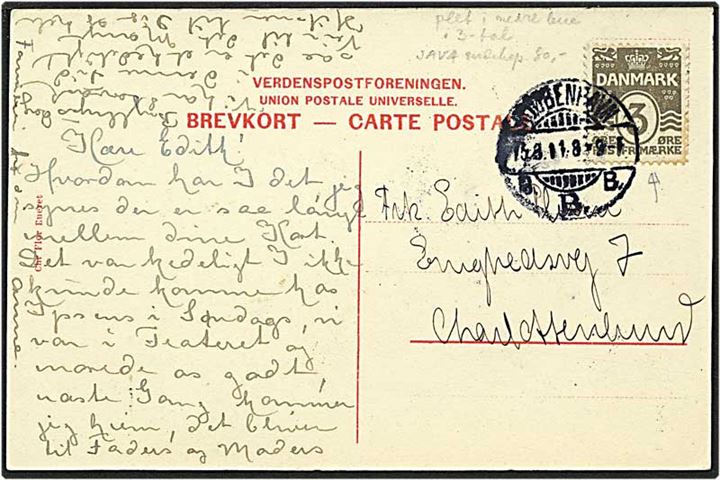 3 øre grå bølgelinie, SAVA - plet i 3, på postkort fra København d. 15.8.1911 til Charlottenlund.