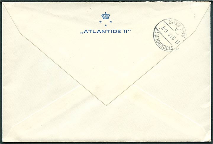 30 øre Fr. IX og 1 kr. Rigsvåben på fortrykt kuvert fra Atlantide II sendt som ekspres fra Humlebæk d. 10.9.1959 til Stockholm, Sverige. Atlantide II var billedhuggeren Viggo Jarls luksus yacht. 