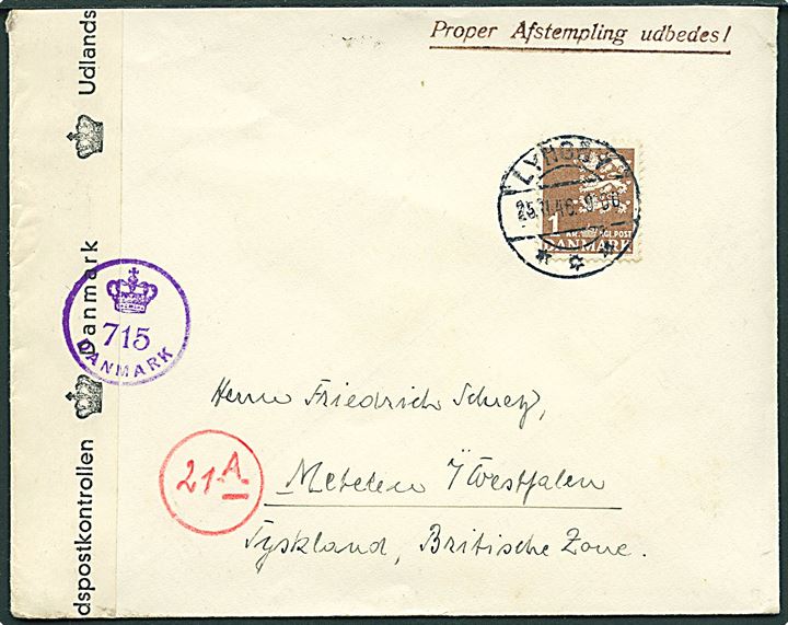 1 kr. Rigsvåben single på brev fra Lyngby d. 25.11.1946 til Tyskland. Åbnet af dansk efterkrigscensur (krone)/715/Danmark.