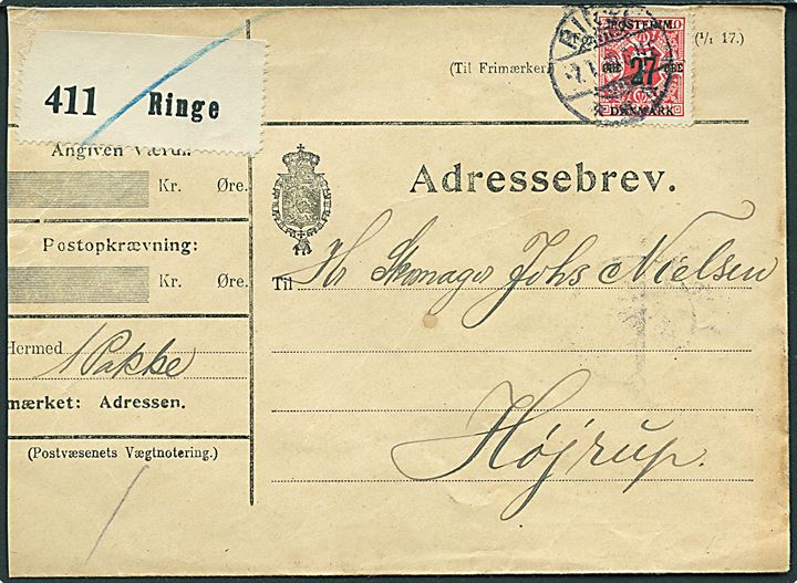 27/7 øre Provisorium single på adressebrev for pakke fra Ringe d. 7.1.1919 til Højrup. Afkortet i venstre side. 