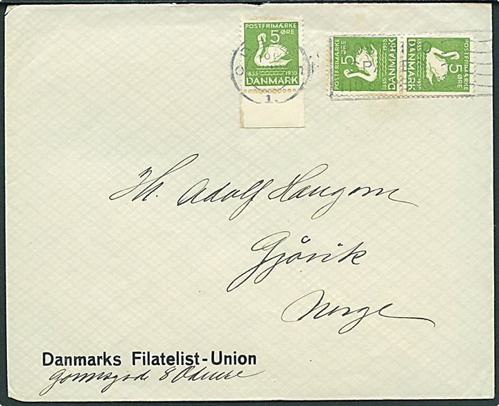 5 øre H.C.Andersen i Tête-Bêche parstykke, samt 5 øre H.C.Andersen på brev fra Odense d. 6.11.1936 til Gjåvik, Norge.