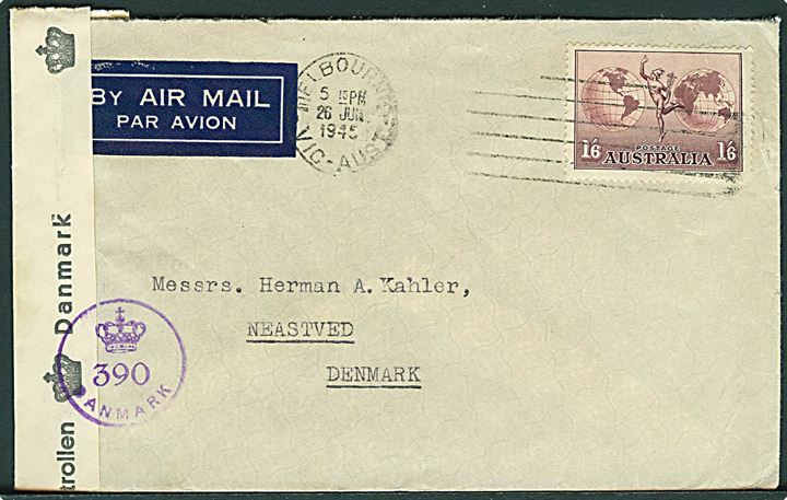 1'6 Sh. single på luftpostbrev fra Melbourne d. 26.6.1945 til Næstved, Danmark. Åbnet af dansk efterkrigscensur (krone)/390/Danmark.