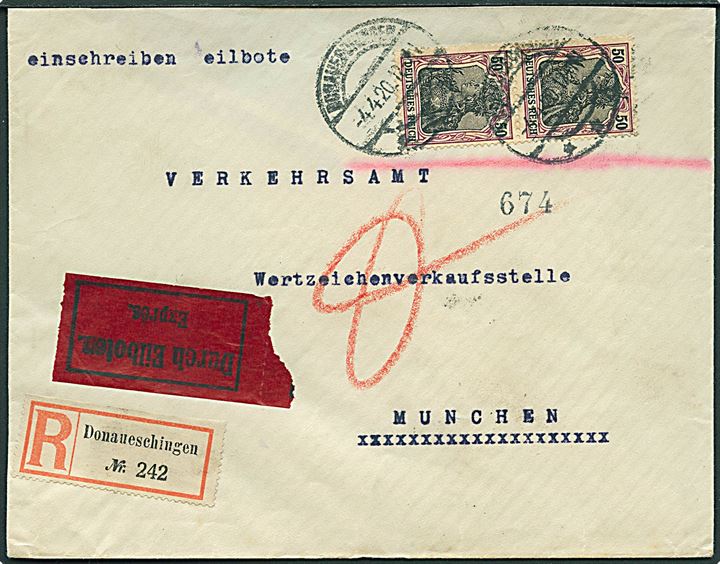 50 pfg. Germania i parstykke på anbefalet ekspresbrev fra Donaueschingen d. 4.4.1920 til München.