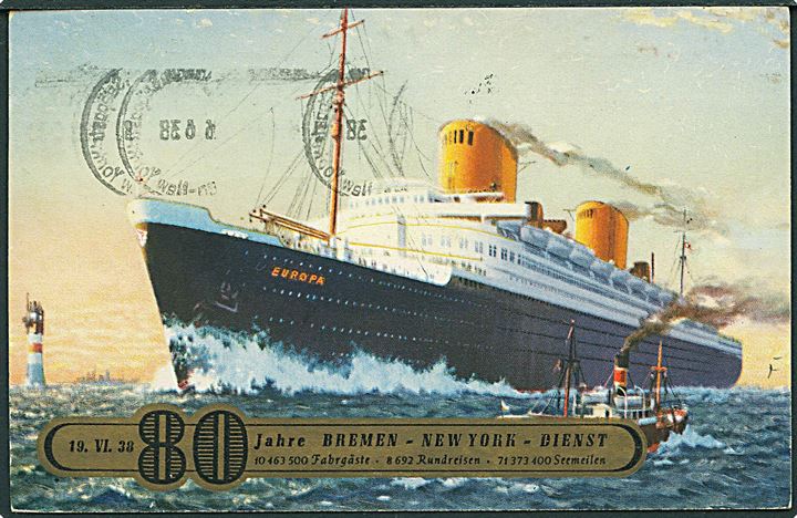 15 pfg. Hindenburg på brevkort (NDL Europa) annulleret med skibsstempel D. EUROPA / N.D.L. / Deutsch-Amerik. Seepost Bremen - New York d. 26.6.1938 til Detroit, USA.