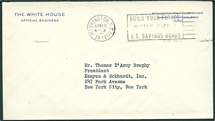 Ufrankeret brev fra The White House stemplet Washington d. 12.4.1947 til New York.