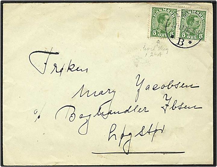 5 øre grøn Chr. X, hvid streg i A, på brev fra Aarhus d. 27.11.1917 til Løgstør.